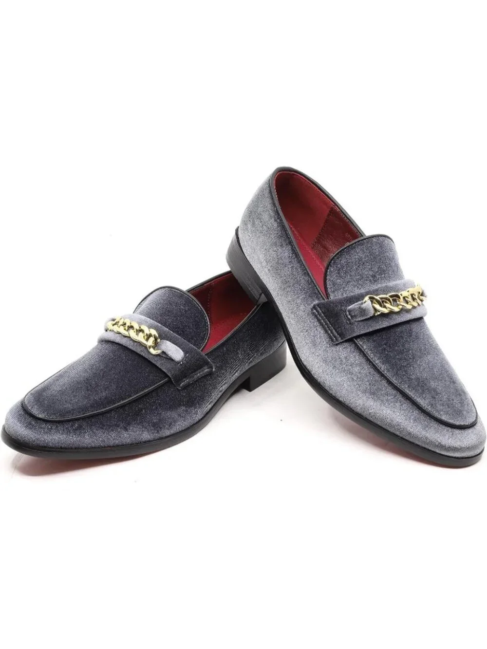 Metrocharm Men's Grey Vintage Velvet Loafers Gold Chain Buckle Slip On Shoes